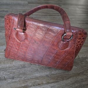 Vintage Croc-Embossed Leather Satchel - Red Brown